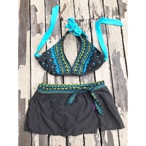 Athleta Halter Bikini with Skirt Brown Blue Teal